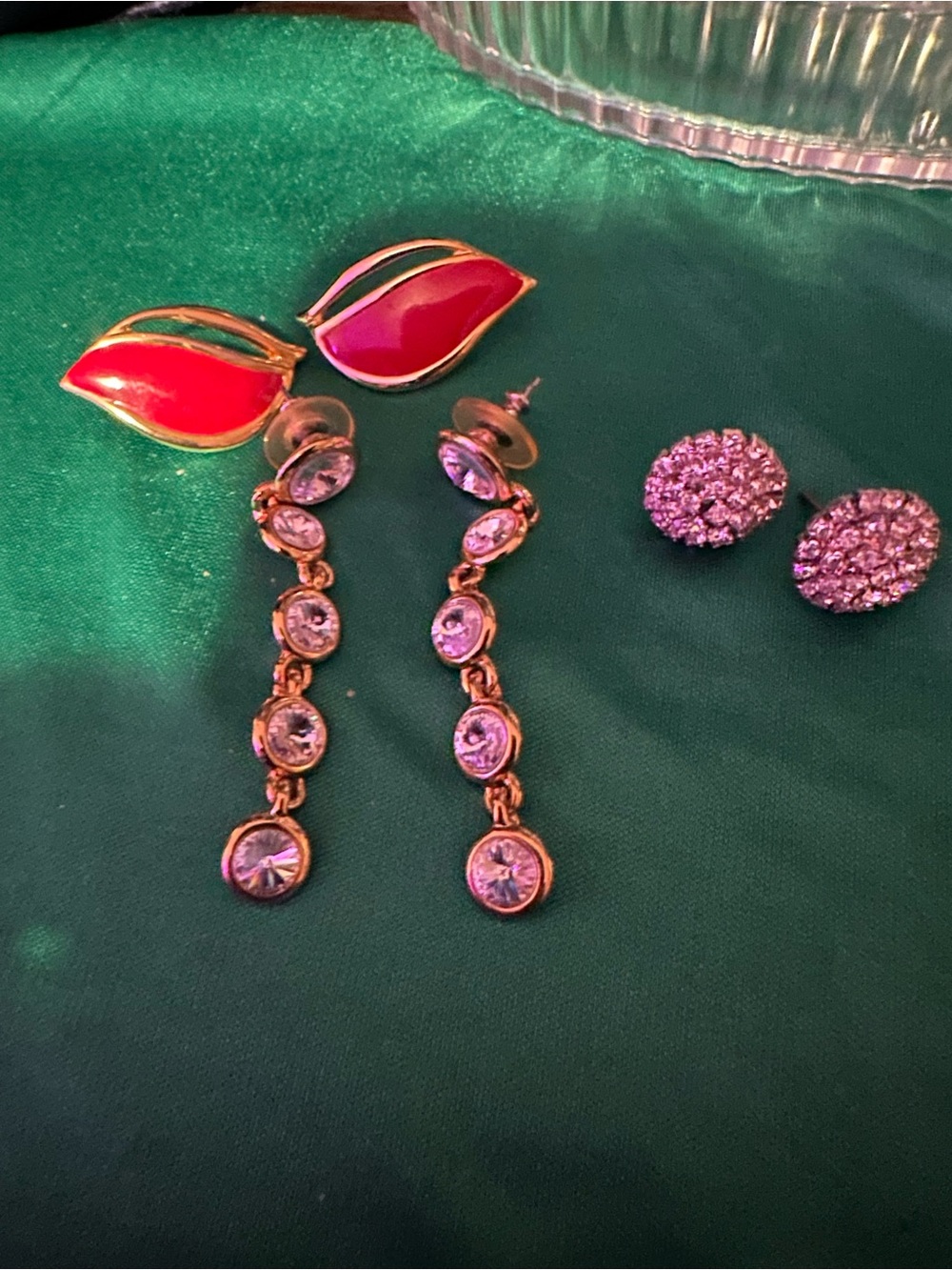 3 sets of Gold-Tone post Earrings 2 with Clear Crystals. 1 red enamel.